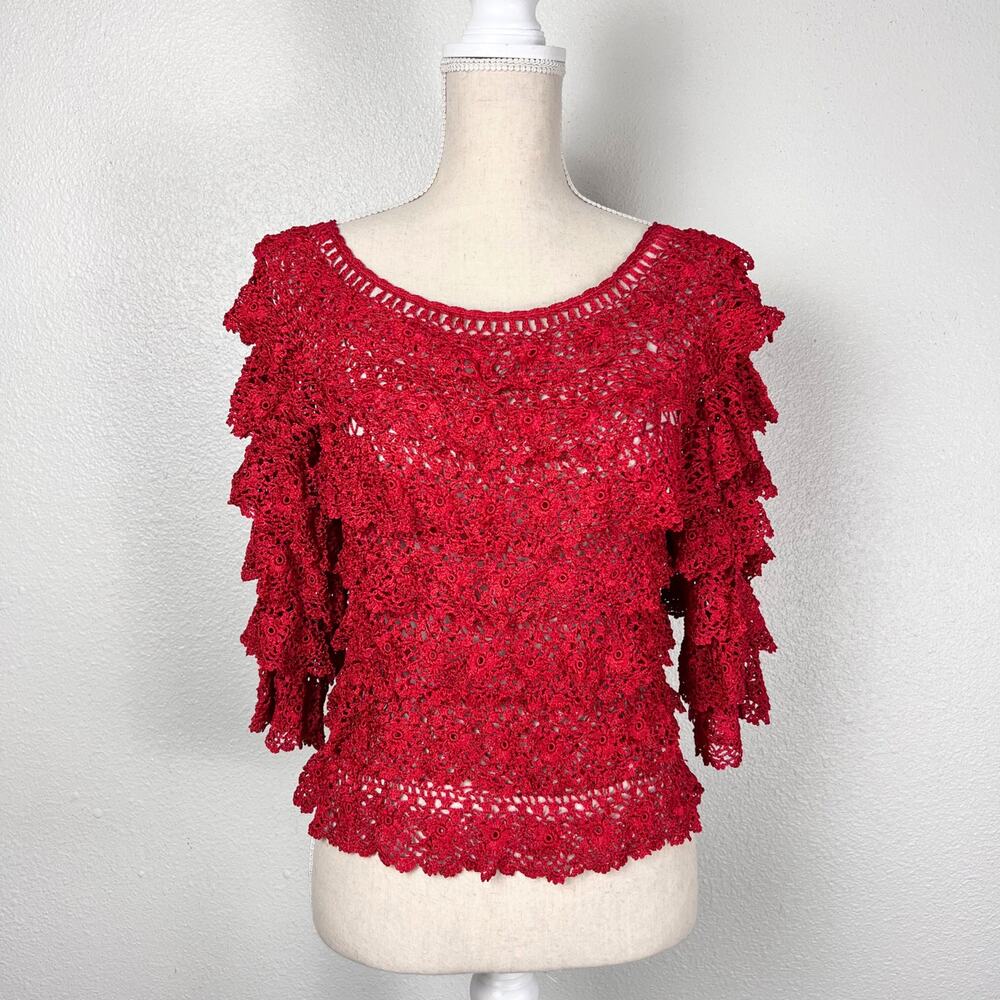Anea A Red Crochet Lace Ruffle Sleeve Top S/M Boho Romantic Y2K Cottagecore